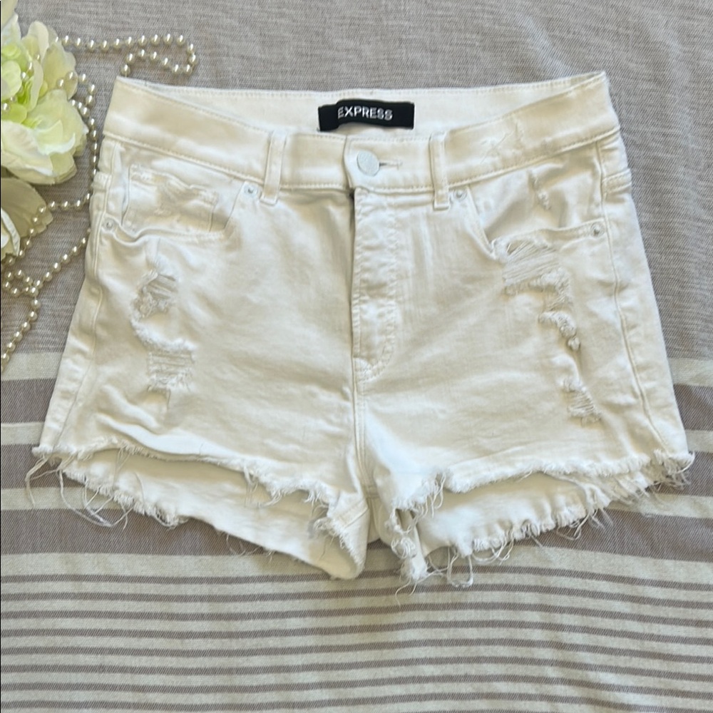Express White Jean Shorts with Distressed Hem